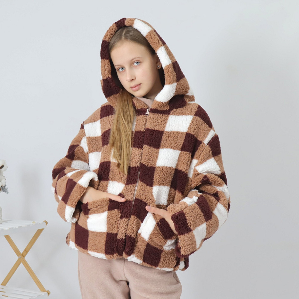 Жіноча тепла шубка тедді в коричневу клітинку з капюшоном Кам'янець-Подільський - фото 3