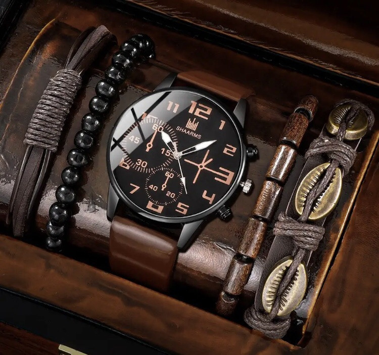 Подарочный набор для мужчин: наручные часы с 4 браслетами- диам 4,1см, длин 2,4см, шир рем 2см, без коробки Киев - изображение 2