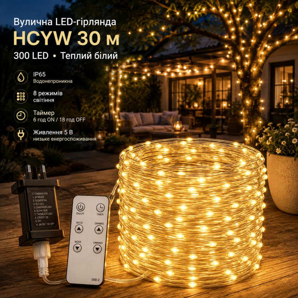 Уличная LED-гирлянда HCYW 30 м 300 LED теплый белый, IP65, 8 режимов, пульт, таймер 6/18, 5 В Киев - изображение 2