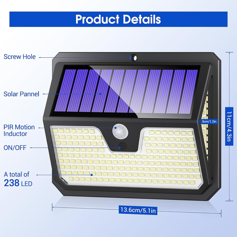 Уцінка Сонячний настінний світильник Seklin 238 LED, датчик руху PIR, IP65, 270°, 3 режими освітлення, вуличний LED-ліхтар Київ - фото 15