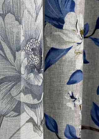 Комплект штор VR-Textil Лен Прованс 100х265 2шт и Тюль 300х265 1725ш-1543т Светло-серый с синим и белым 71-105/1 Киев