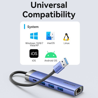 Концентратор Vention USB 3.0 to USB 3.0x3/RJ45/Type-C Hub Blue Aluminum Alloy 5-in-1 (TGFSB) Винница - изображение 10