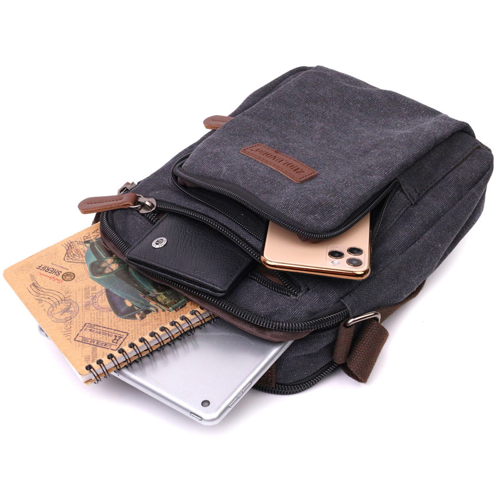 Функциональная вертикальная сумка для мужчин из текстиля Vintage 22237 Черный Киев - изображение 3