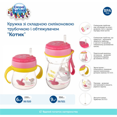 Поильник-непроливайка Canpol babies со складной силиконовой трубочкой и утяжелением 350 мл Котик Розовый (56/521) Винница - изображение 6
