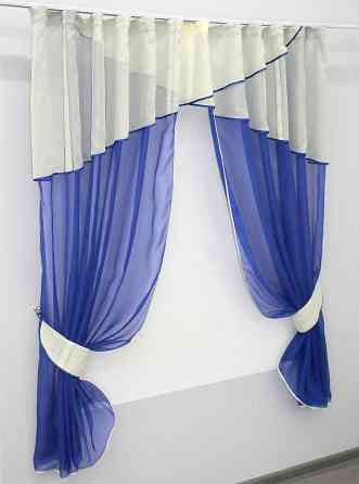 Кухонний комплект (290х170см) шторки з ламбрекеном і підхватами колір синій з бежевим 00к 59-613 Київ