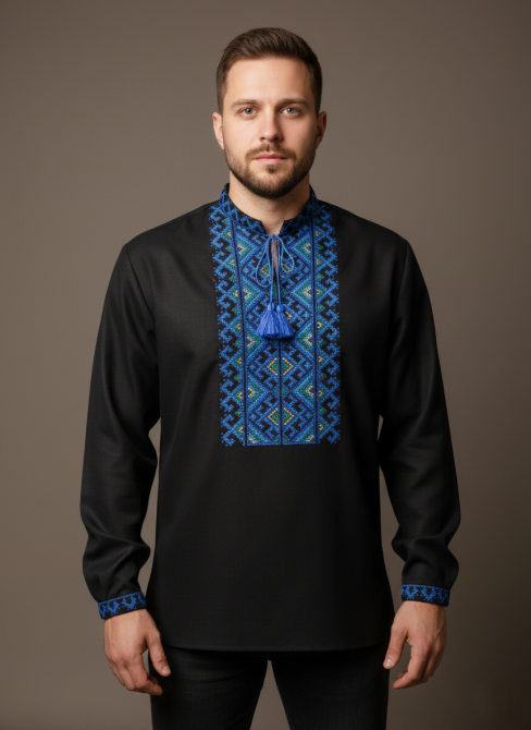 Черная мужская вышиванка из домотканого полотна с ярким орнаментом Киев - изображение 1