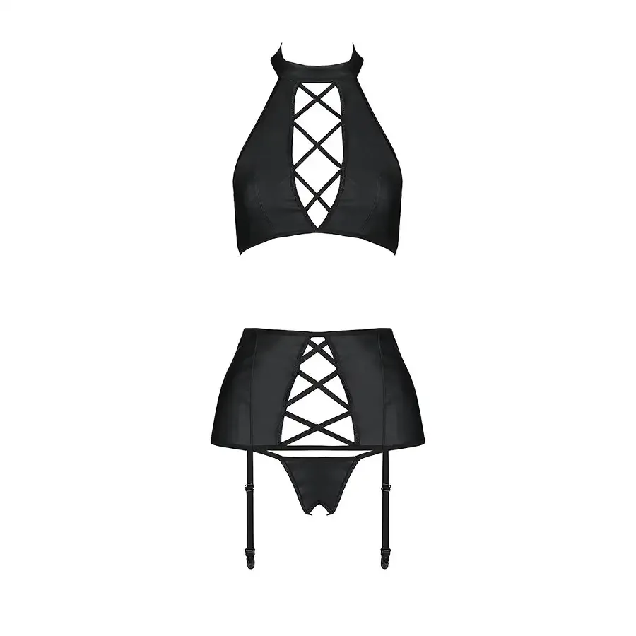 Комплект з еко-шкіри імітація шнурівки Passion NANCY SET XXL/XXXL black топ трусики пояс для панчіх Львів - фото 3