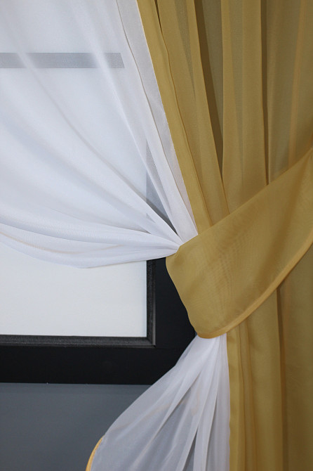 Кухонные шторы VR-Textil № 017к комбинированные с подвязками янтарный с белым 265х170 см (50-015) Киев - изображение 3