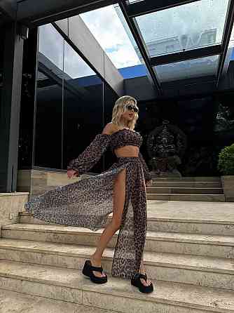 Женский летний леопардовый костюм двойка: топ и юбка шифон Одесса