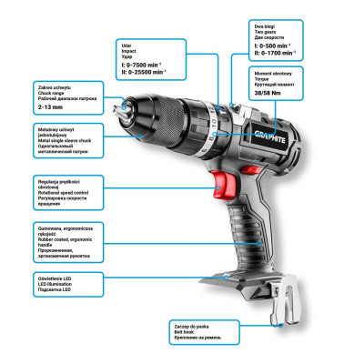 Шуруповерт Graphite Energy+ 18V бесщеточный 58Нм, 3 ск., 0-500·0-1700об/мин (без АКБ и ЗУ) (58G020) Винница - изображение 8
