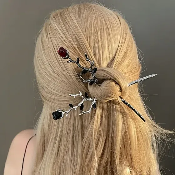 Шпилька для волос «Веточка розы», набор 2 шт — серебристые, 18 см (цинковый сплав) Киев