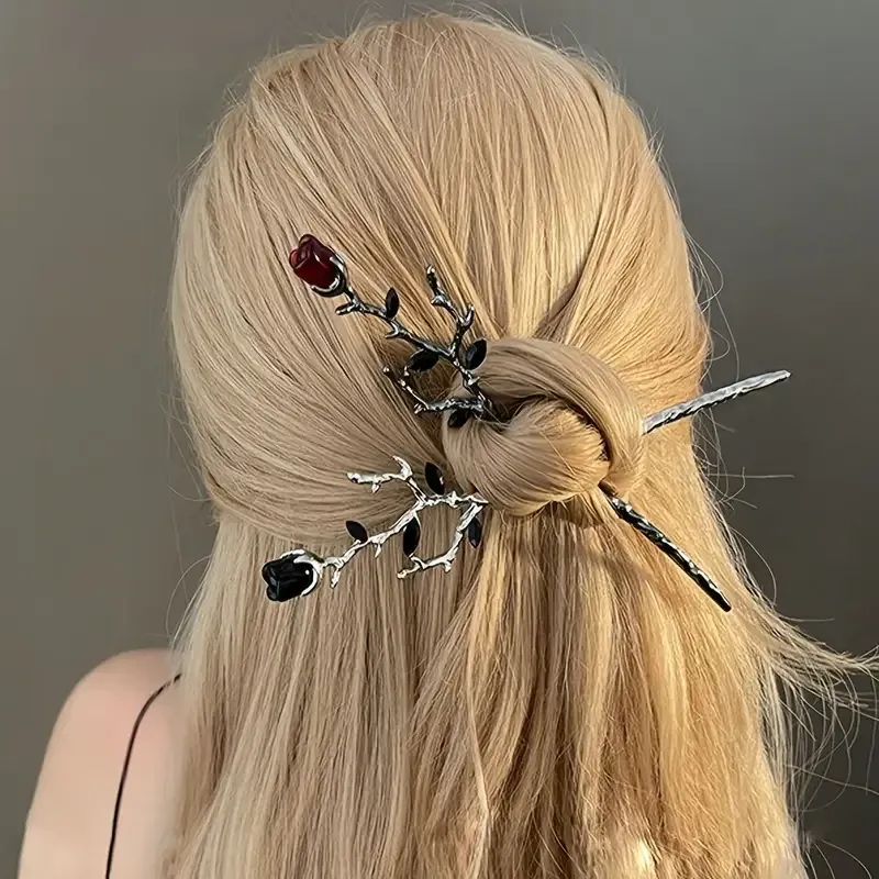 Шпилька для волосся «Гілка троянди», набір 2 шт — сріблясті, 18 см (цинковий сплав) Київ - фото 1