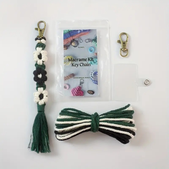 Набір макраме для ручного плетіння і в'язання брелока "Квіти" для ключів і аксесуарів 20х2.2 см, темно-зелений Кам'янець-Подільський