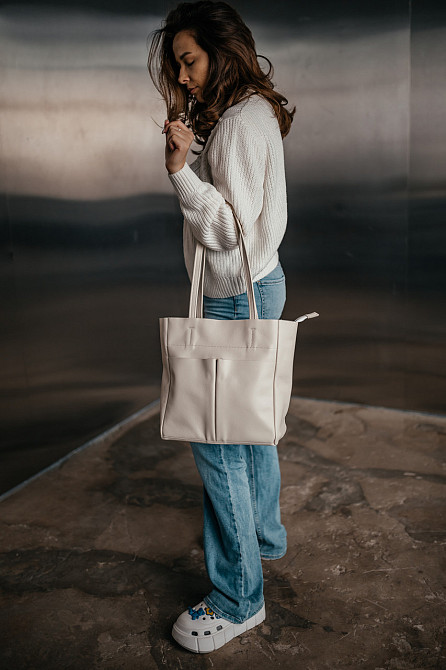 Сумка тоут женская кожаная большая Юта Бежевая 28*30*12 см, сумка шопер бежеваа стильная с карманамиMasterSem Киев - изображение 5