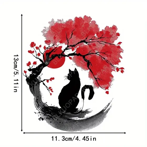 Наліпка вінілова Аніме Кіт під сакурою – чорна кішка, червоне сонце, японський стиль 13 см Київ