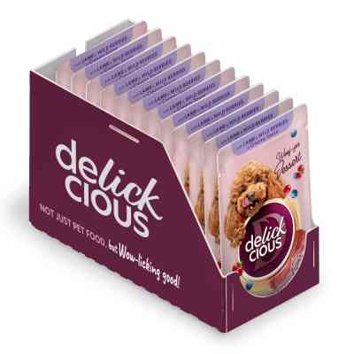 Вологий корм для собак Delickcious Пластівці з ягнятиною та лісовими ягодами у вершковому соусі 80 г (4820269141858) Вінниця