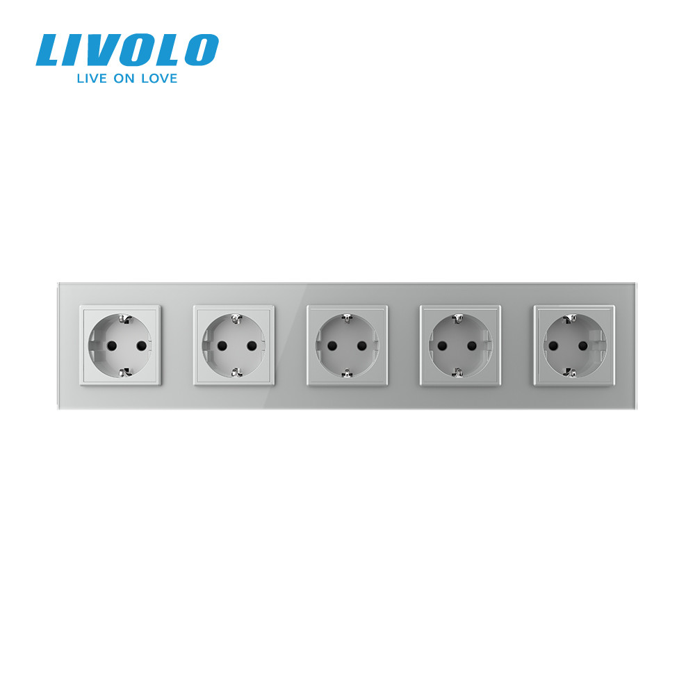 П’ятимісна електрична розетка з заземленням LIVOLO, сіра, скляна рамка, шторки, 250В 16А (VL-C7C5EU-15) Коломыя - изображение 7