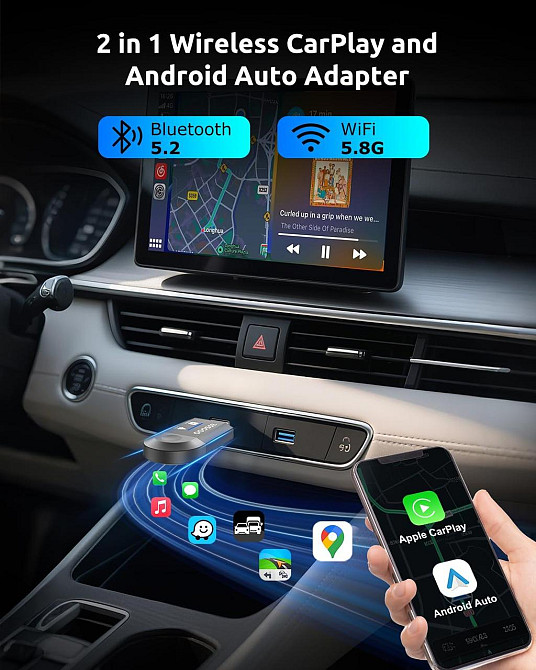 Бездротовий автомобільний адаптер CarPlay Android Auto ESSGOO 2-в-1, підтримка iOS 10+ і Android 11+, Карплей чорний Київ - фото 2