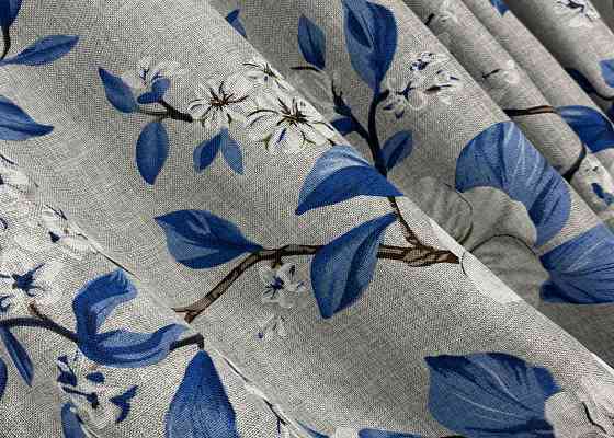 Комплект штор VR-Textil Лен Прованс 100х265 2шт и Тюль 400х265 1725ш-1543т Светло-серый с синим и белым 71-105/2 Киев