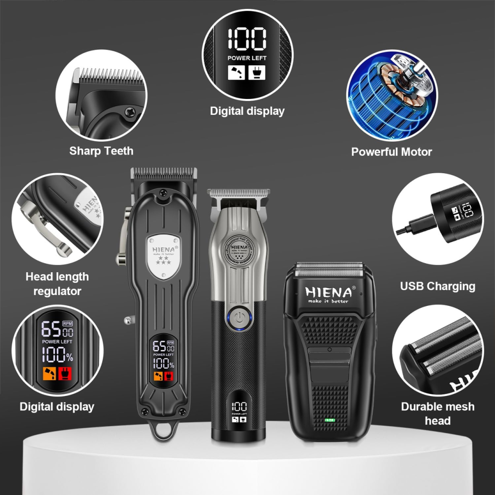 Набір для стрижки HIENA PRO HYN-208+601+303, машинка, тример T-Blade, шейвер, LED-дисплей, USB-C, чорний Київ - фото 5