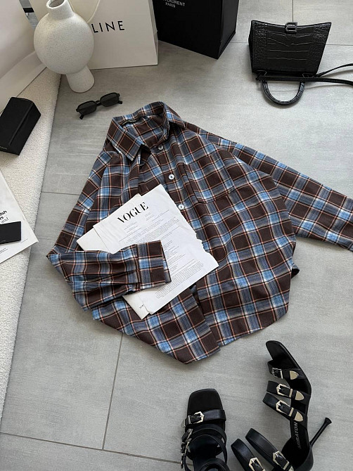 Женская стильная оверсайз рубашка в клетку фланель 100% коттон Синий Одесса - изображение 5