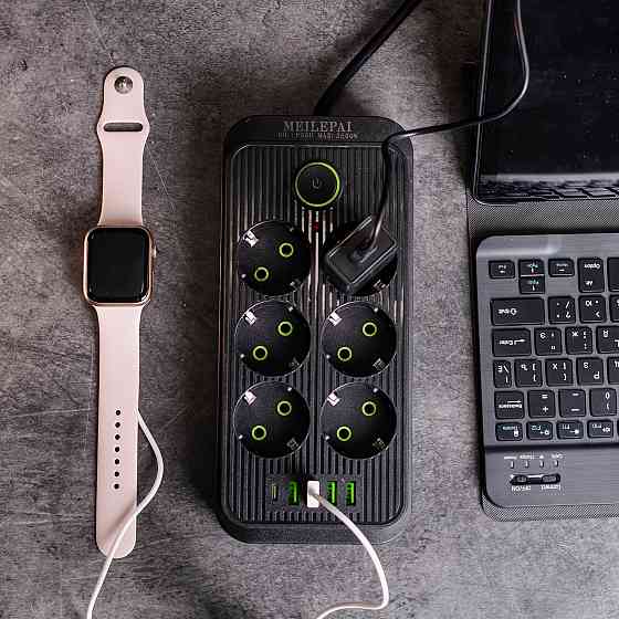 Сетевой фильтр 5 м удлинитель F06U на 6 розеток 4 USB 1 Type-C и кнопкой отключения Черный HP-5-26 Киев