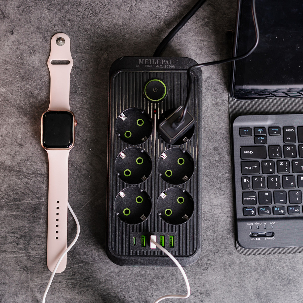 Сетевой фильтр 5 м удлинитель F06U на 6 розеток 4 USB 1 Type-C и кнопкой отключения Черный HP-5-26 Киев - изображение 2