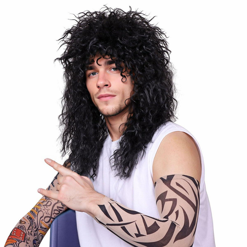 Парик черный кудрявый длинный в стиле рок 80-х, с тату рукавами, для косплей вечеринок смены образа Рок-звезда Киев - изображение 8