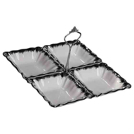 Менажниця фарфоровая на 4 секції з ручкою, біла з сріблом Київ