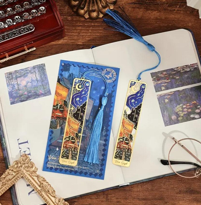 Вінтажна металева закладка з масляним живописом та китицею. ОригІнальна закладка для книжок. Подарун Київ - фото 1