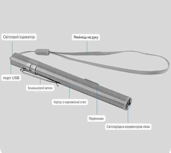 Фонарик в виде ручки на акумуляторе USB 13 на 1.5 см серый Киев