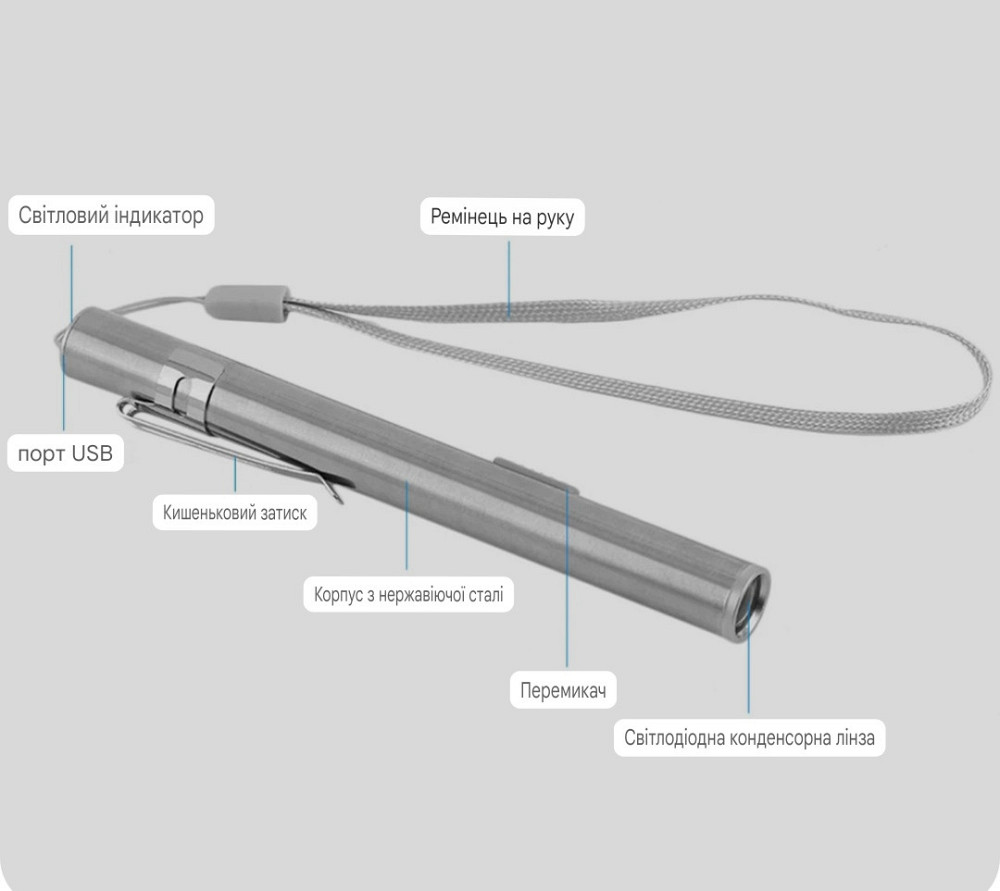 Фонарик в виде ручки на акумуляторе USB 13 на 1.5 см серый Киев - изображение 4