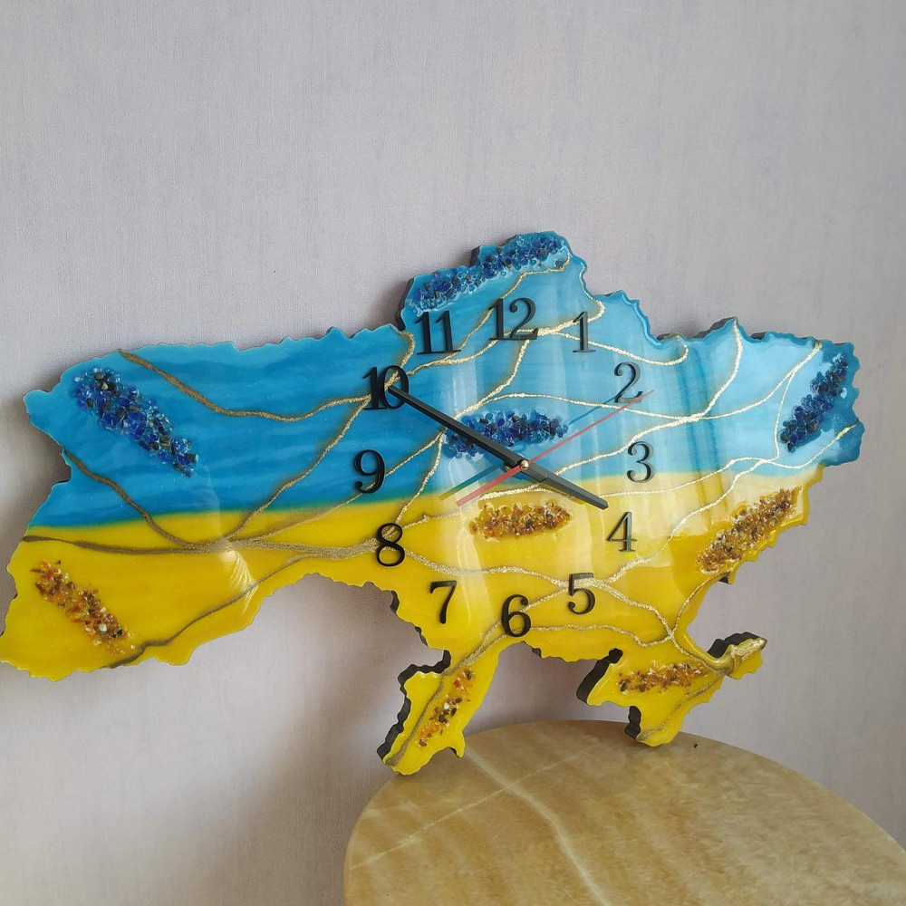 Настінний годинник з епоксидної смоли ручної роботи "Карта України" 60х38 см Дніпро - фото 6