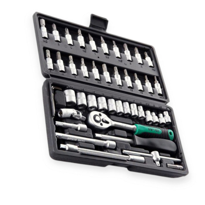 Набір інструменту 1/4" 46 шт, 4-14 мм з тріщ., подовжує., кардан, отв.-вороток, біти Мукачево - фото 1