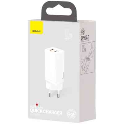 Зарядний пристрій Baseus 2xUSB 65W GaN (USB-C+USB-A) white (CCGAN2L-B02) Вінниця