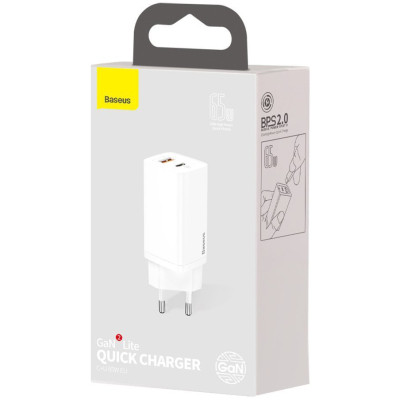 Зарядний пристрій Baseus 2xUSB 65W GaN (USB-C+USB-A) white (CCGAN2L-B02) Вінниця - фото 5