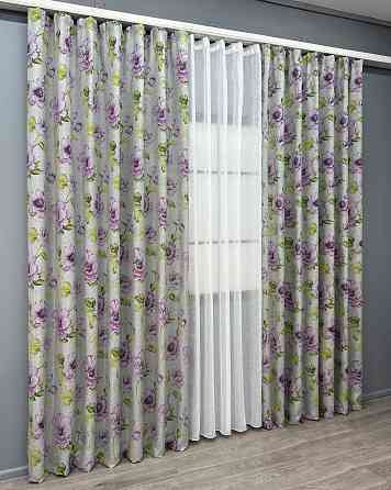Комплект штор VR-Textil Лен Прованс 150х270 2шт и Тюль 500х270 2079ш-115т Серый с фиолетовым и белым 71-214/4 Киев