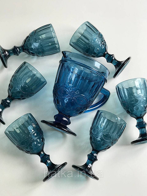Набір для напоїв 7 предметів 6 шт. келихів + графин 1 л «Вінтаж» 300 мл синій Київ - фото 3