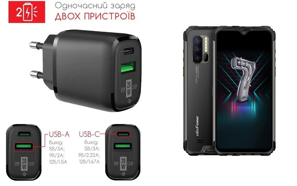 Сетевое зарядное устройство для Ulefone Armor 7, 20W 3A, Quick Charge 3.0 Киев - изображение 1