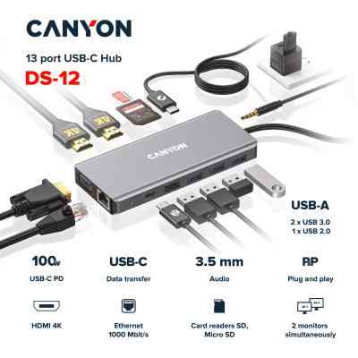Порт-реплікатор Canyon DS-12, 13 in 1 USB-C hub, 2*HDMI, Gigabit Ethernet, VGA, 3*USB3.0, PD/100W, 3.5mm audio jack (CNS-TDS12) Вінниця