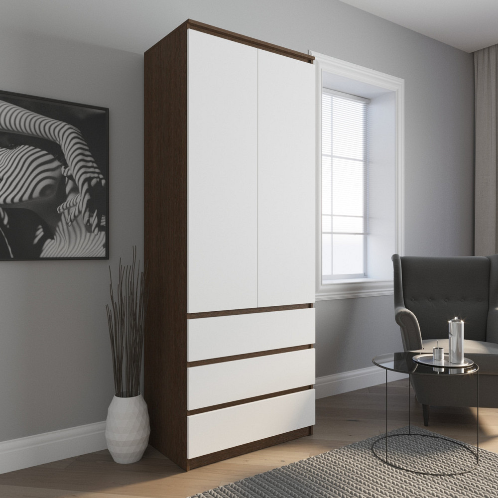Шафа для одягу VAYS R-9 Венге Темний-Білий фасад, 3 шухляди, штанга, без ручок, ЛДСП, 80×50×211 см – для спальні, вітальні, передпокою Львів - фото 1