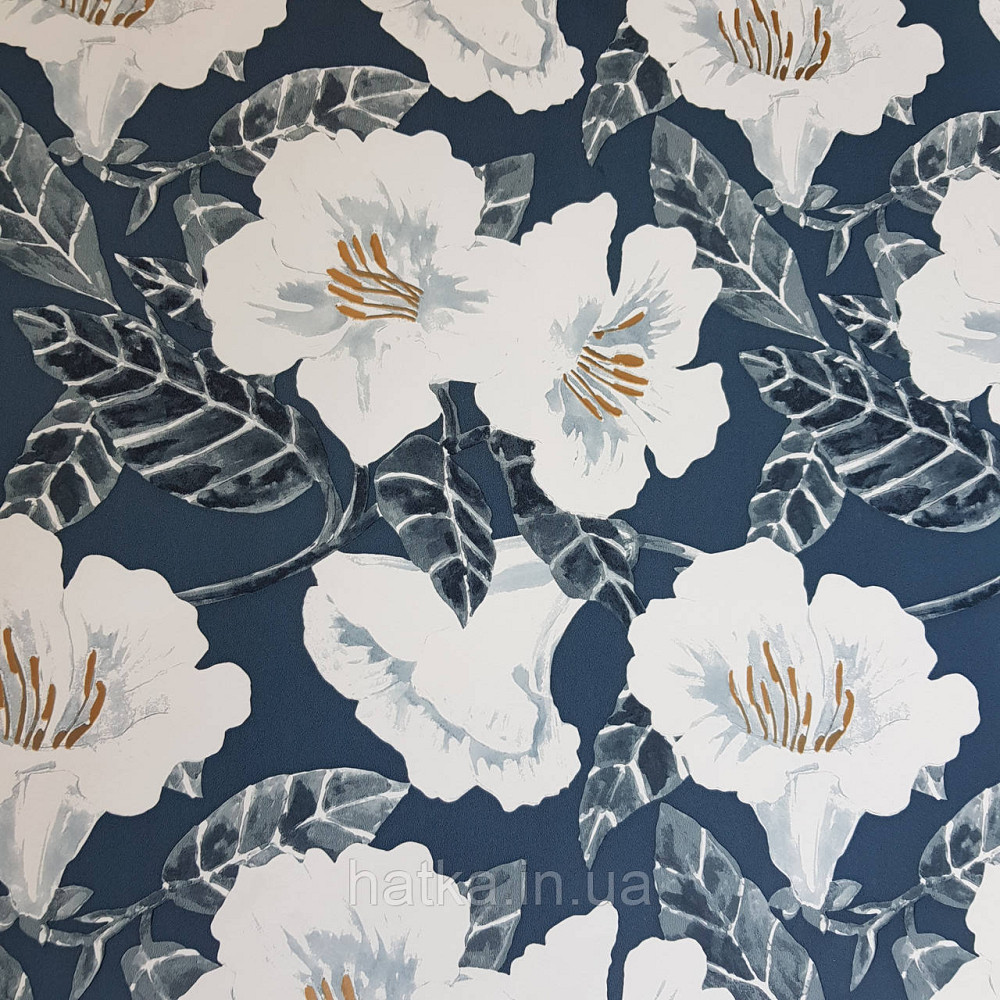 Шпалери вінілові на флізелін Caselio The Place to bed 0.53х10 м яскраві великі білі квіти на синьо сірому тлі Київ - фото 2