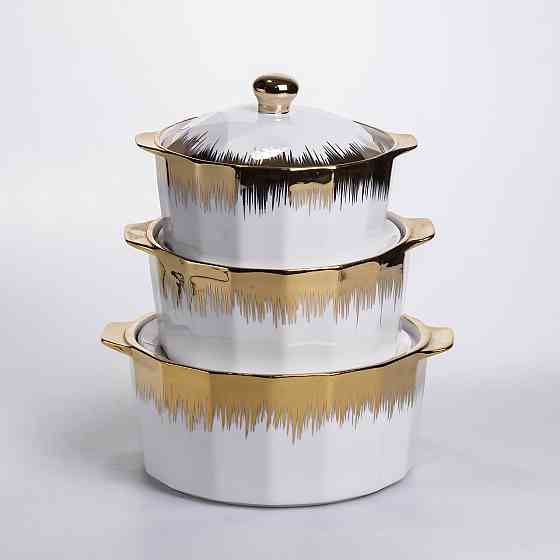 Набір супниць порцелянових 3 (шт) 1.5/2/3 (л)  каструлі бульйонниці з кришкою та ручками для дому та ресторану з позолотою Київ