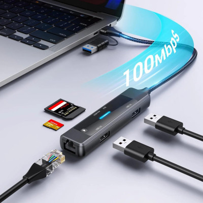 Концентратор XoKo USB-C 5-in-1 USB 3.0 + USB 2.0 + SD/TF + RJ45 100Mbps silver (XK-AC-350) Вінниця - фото 2