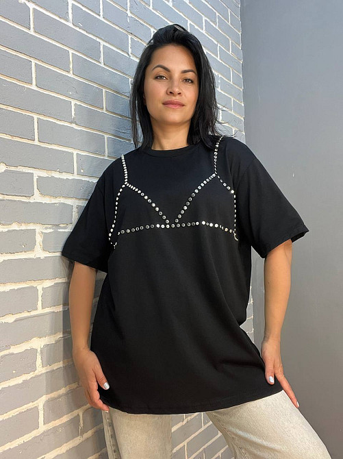 Футболка жіноча Yi Fang 320 оверсайз подовжена заклепки бра one size, чорний, one size Київ - фото 4