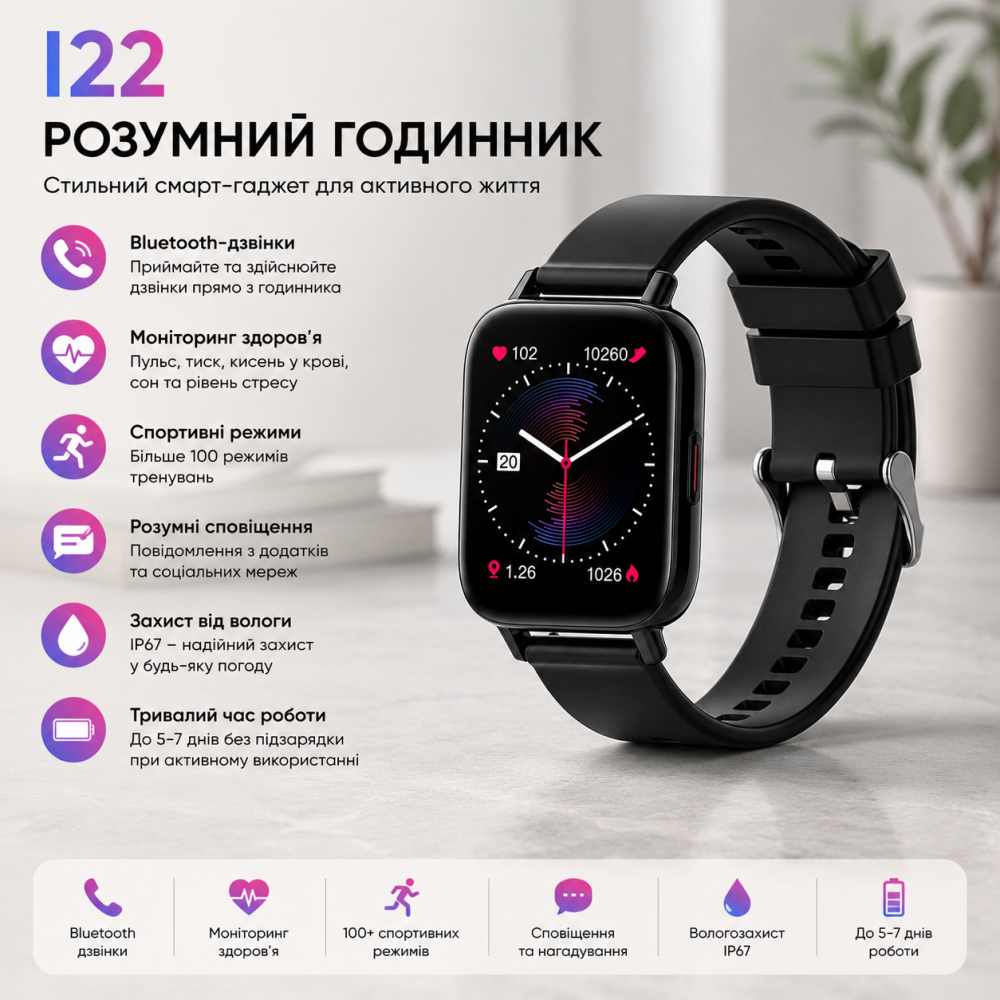 Розумний годинник I22: стильний смарт-гаджет з Bluetooth-дзвінками, моніторингом здоров’я та преміальним дизайном Київ - фото 8
