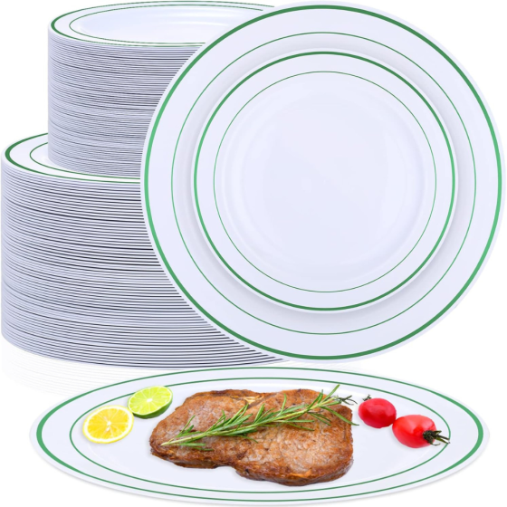 Набор тарелок пластиковых круглые 12 шт, десертные 19 см и обеденные 26 см,белые с зелёном контуром Каменец-Подольский