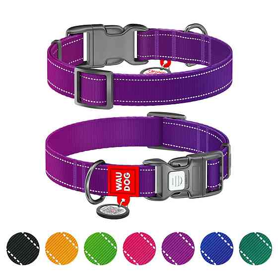 Ошейник для собак нейлоновый WAUDOG Nylon Mono с QR паспортом, светоотражающий, пластиковый фастекс, M, Ш 20 мм, Длин 28-40 см фиолетовый Киев