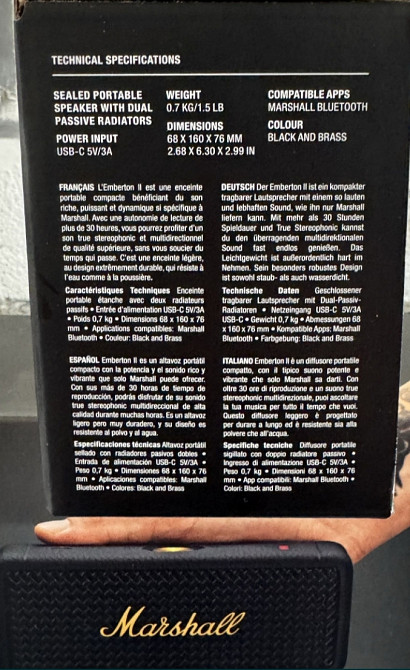 Нова портативна акустика Marshall Portable Speaker Emberton II Black and Brass (1006234) Киев - изображение 2