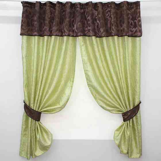 Кухонные шторы VR-Textil № 073к с ламбрекеном и подхватами салатовый с коричневым 270х170 см (52-0159) Киев